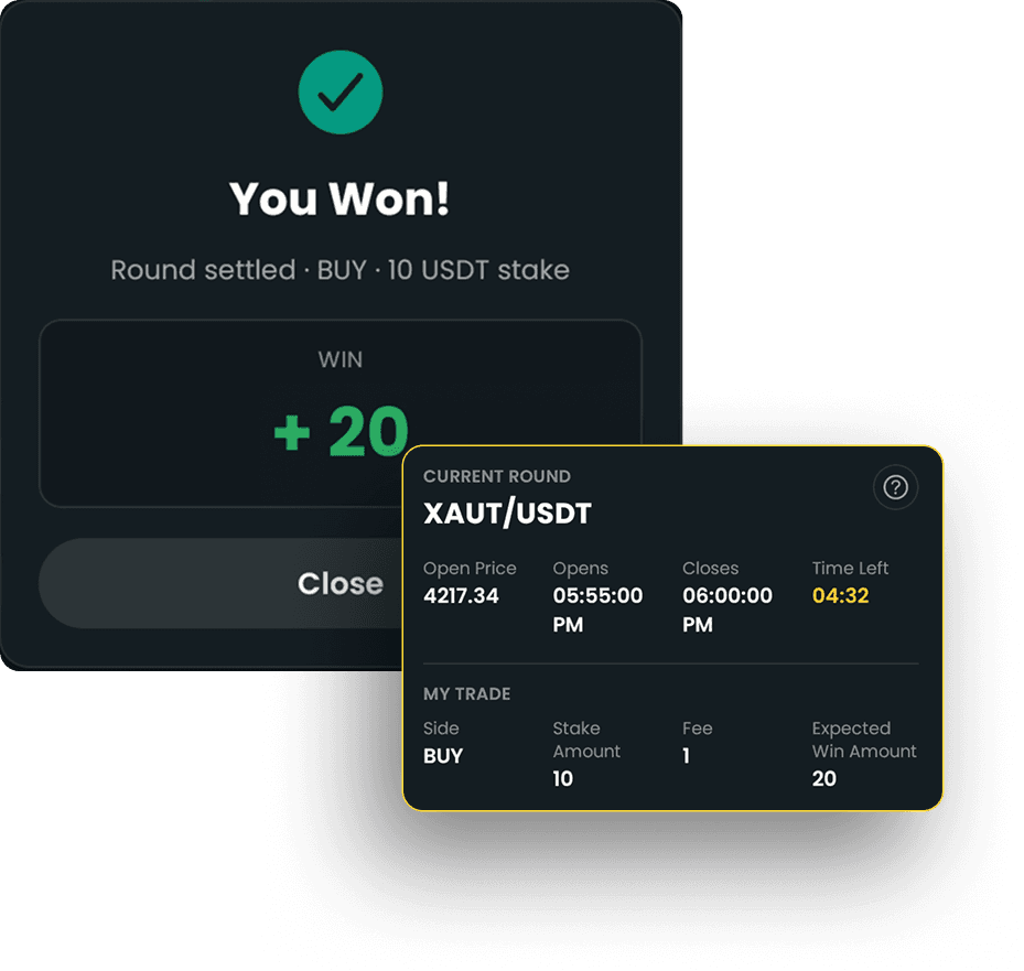 Win screen and current round trading interface